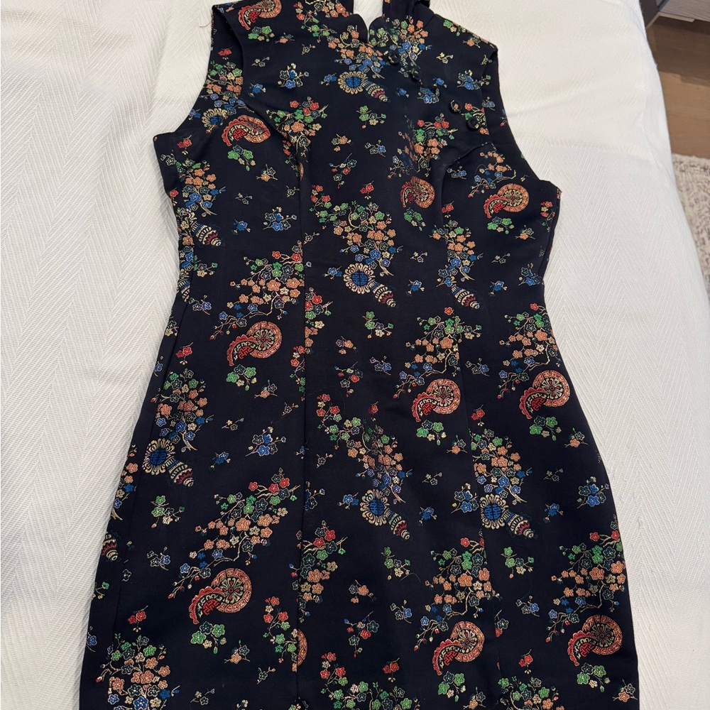 Vintage La Belle High Neck Silk Asian Mini Dress